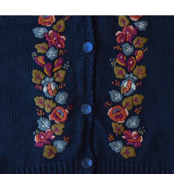 Vintage 80s Navy Blue Knit Cardigan Sweater with Floral Embroidery - Size Small - Picture 4 of 5